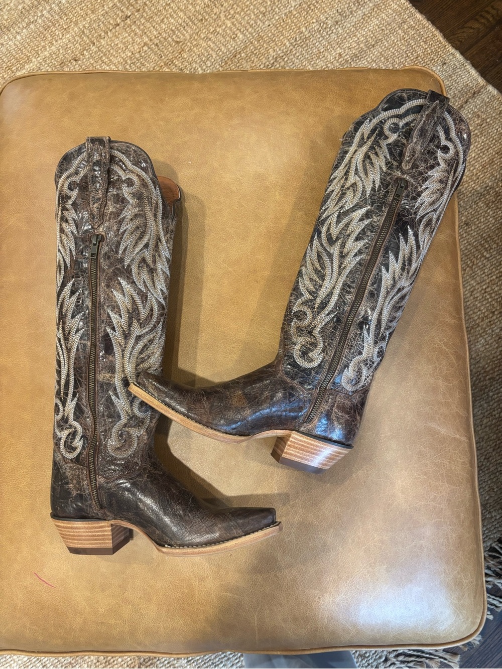 Dan Post Brown Leather Western Knee Boots with Cream Embroidery